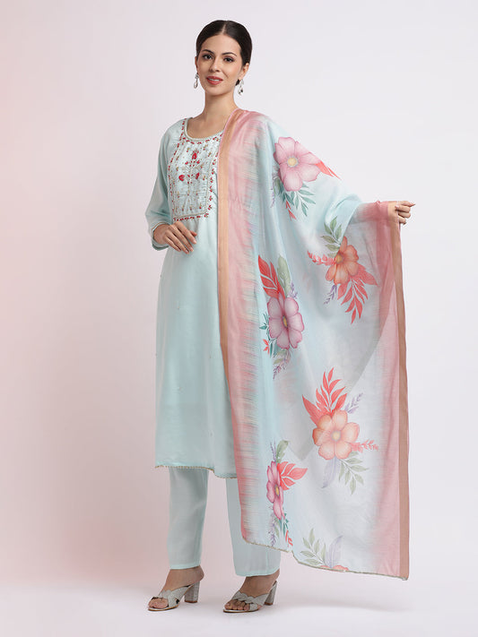 Sea Green Embroidered Cotton Blend Kurta Set With Dupatta