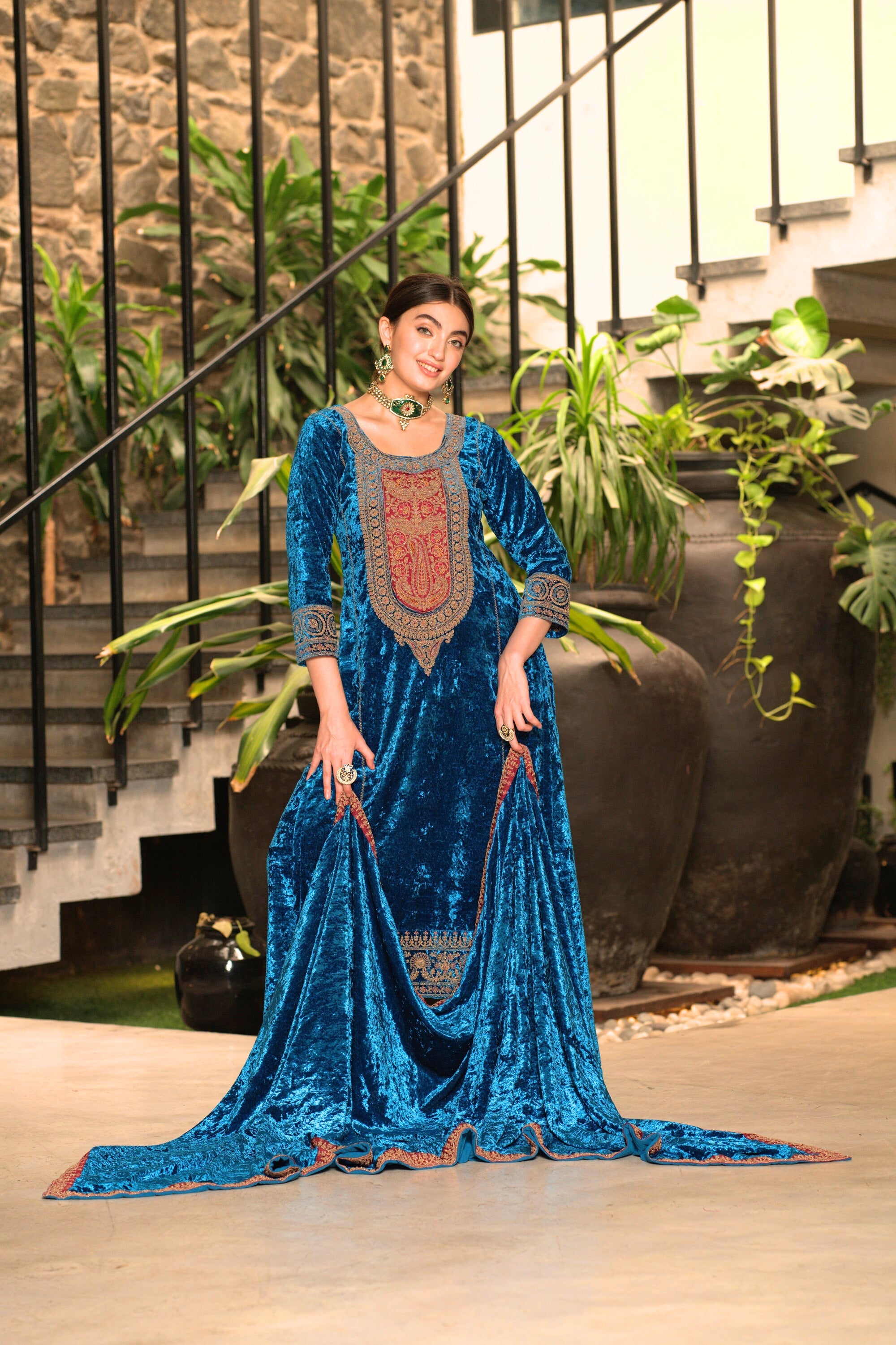 Blue Designer Velvet Pakistani Suit Set