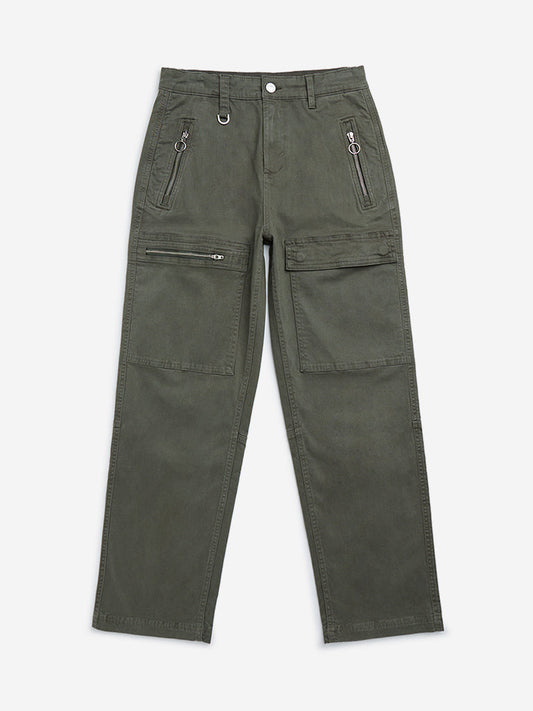 Y&F Kids Olive Cargo-Style Mid-Rise Cotton-Blend Trousers
