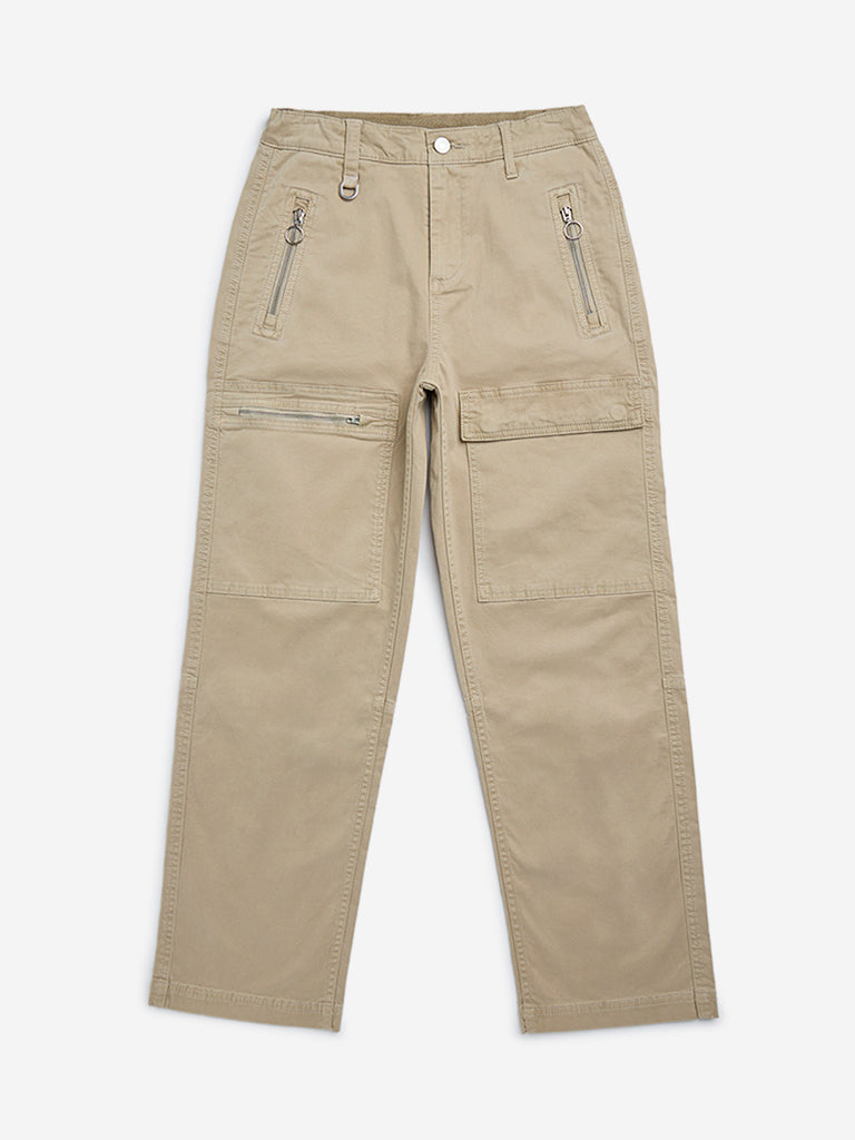 Y&F Kids Beige Cargo-Style Mid-Rise Cotton-Blend Trousers