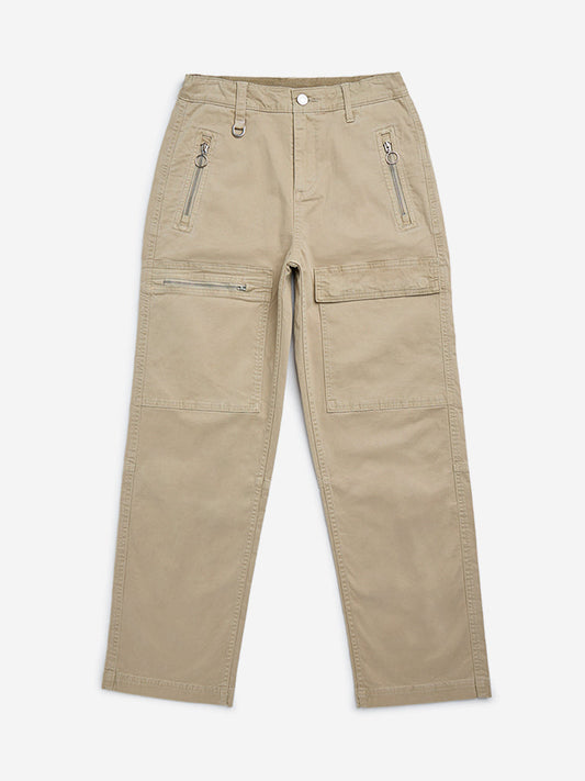 Y&F Kids Beige Cargo-Style Mid-Rise Cotton-Blend Trousers