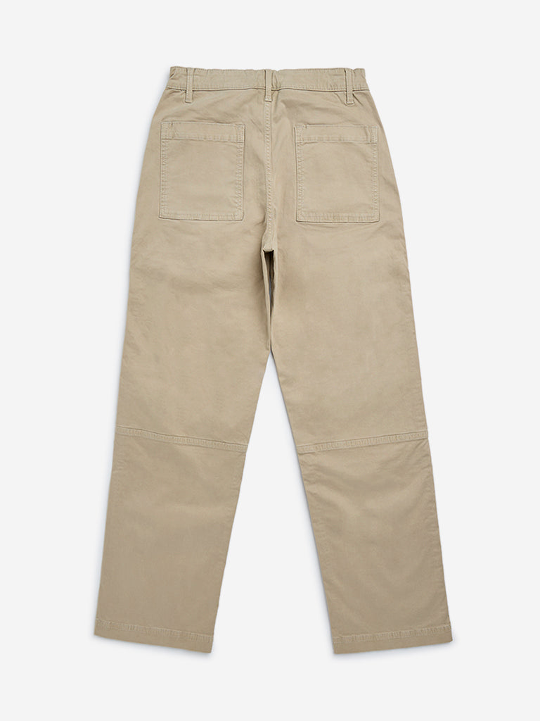 Y&F Kids Beige Cargo-Style Mid-Rise Cotton-Blend Trousers