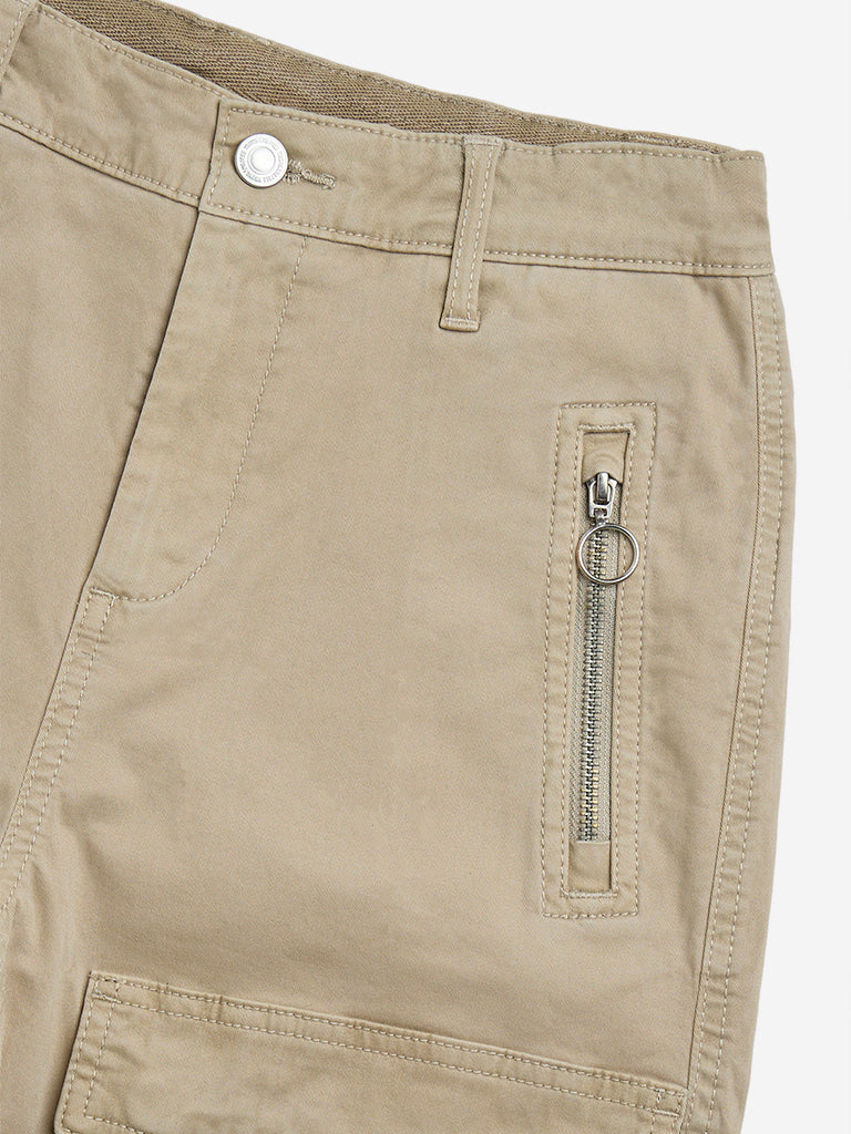 Y&F Kids Beige Cargo-Style Mid-Rise Cotton-Blend Trousers