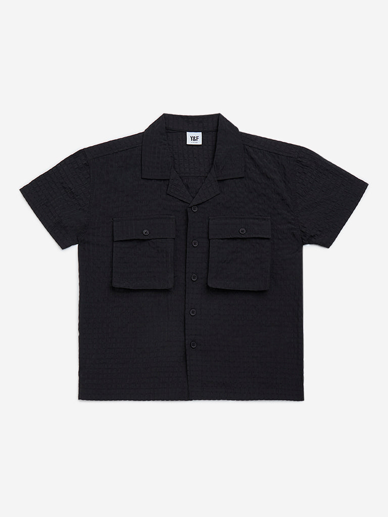 Y&F Kids Black Textured Resort-Fit Shirt