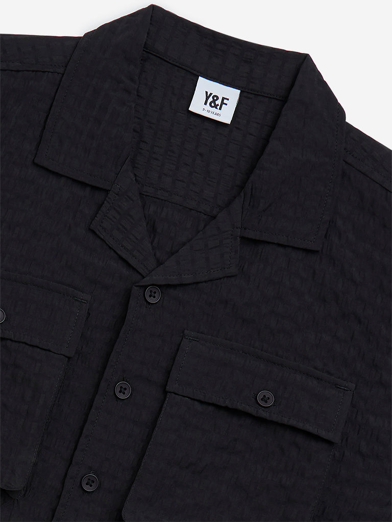 Y&F Kids Black Textured Resort-Fit Shirt