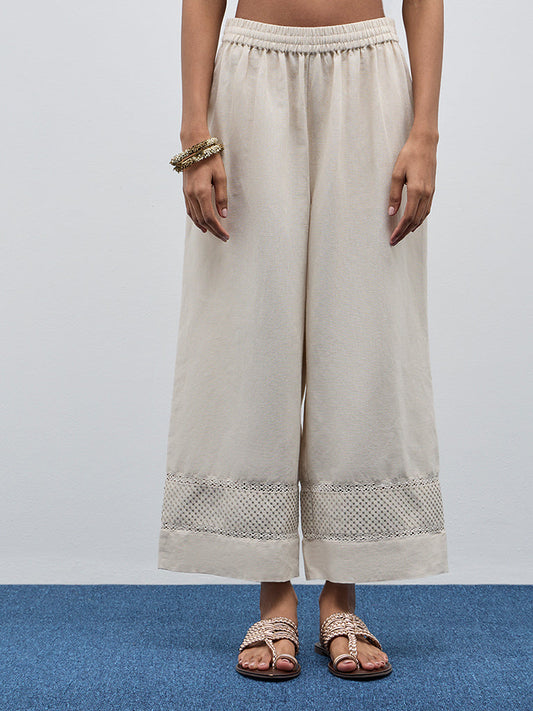 Zuba Beige Embellished High-Rise Palazzos