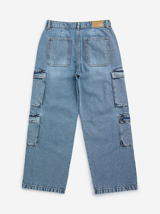 Y&F Kids Blue Washed Cargo-Style Straight-Fit Mid-Rise Jeans
