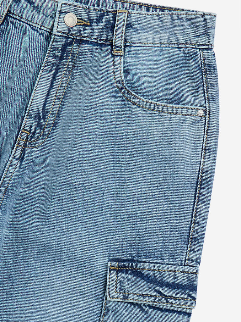 Y&F Kids Blue Washed Cargo-Style Straight-Fit Mid-Rise Jeans