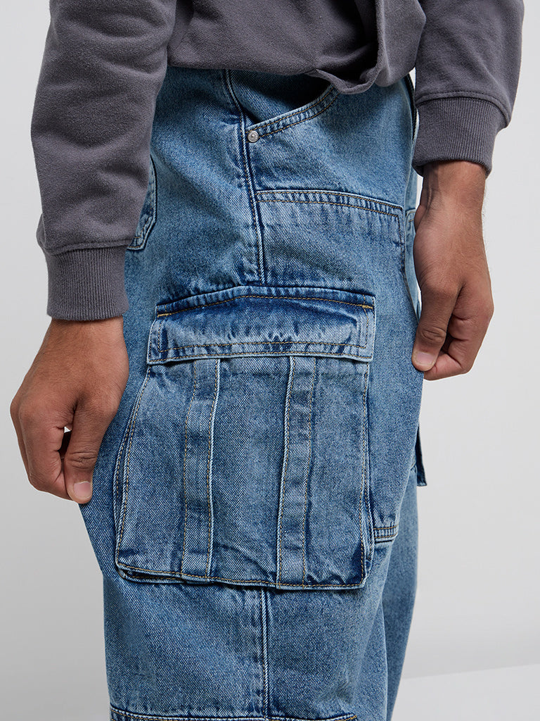 Y&F Kids Blue Straight-Fit High-Rise Cargo Jeans