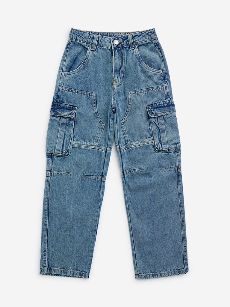 Y&F Kids Blue Straight-Fit High-Rise Cargo Jeans
