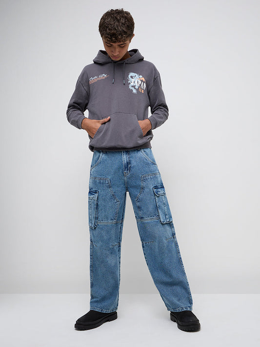 Y&F Kids Blue Straight-Fit High-Rise Cargo Jeans