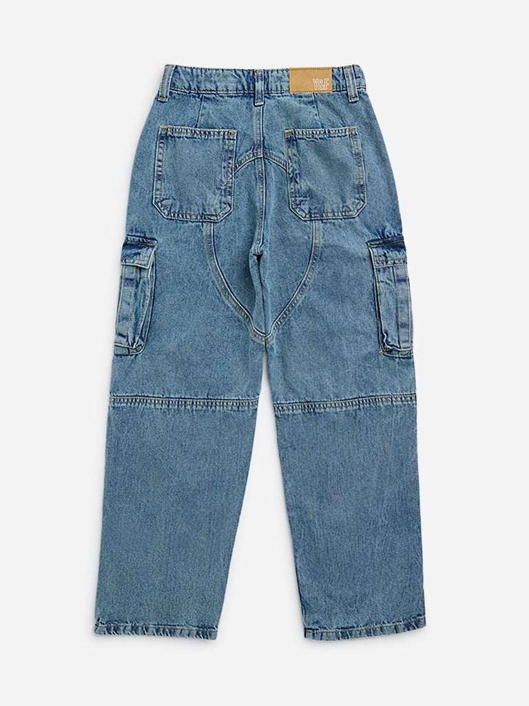 Y&F Kids Blue Straight-Fit High-Rise Cargo Jeans