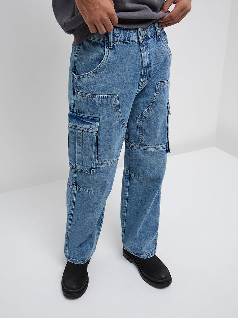 Y&F Kids Blue Straight-Fit High-Rise Cargo Jeans