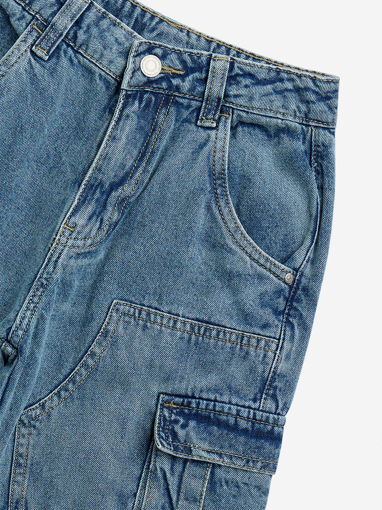 Y&F Kids Blue Straight-Fit High-Rise Cargo Jeans