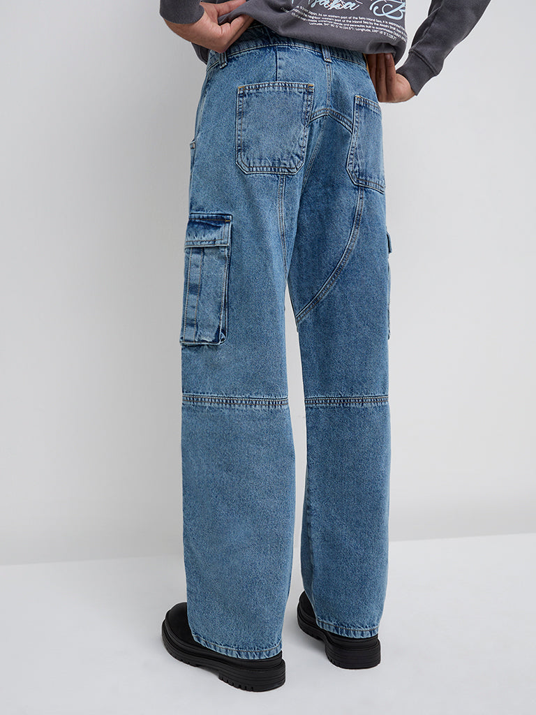 Y&F Kids Blue Straight-Fit High-Rise Cargo Jeans