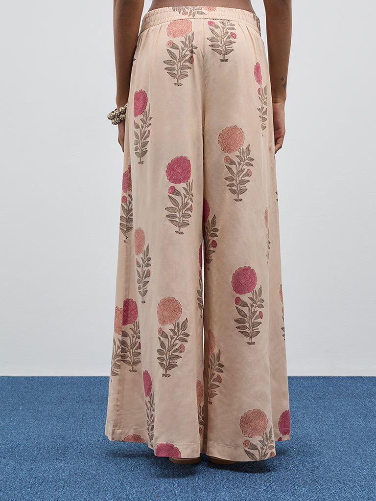 Zuba Beige Floral Printed High-Rise Palazzos