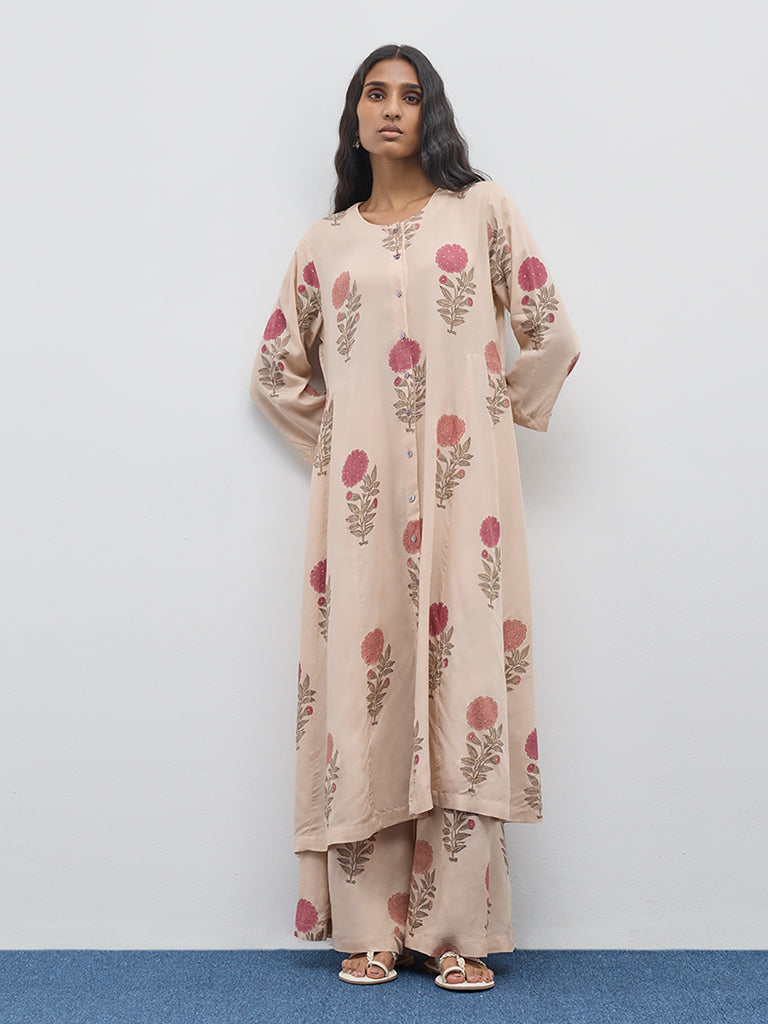 Zuba Beige Floral Printed High-Rise Palazzos