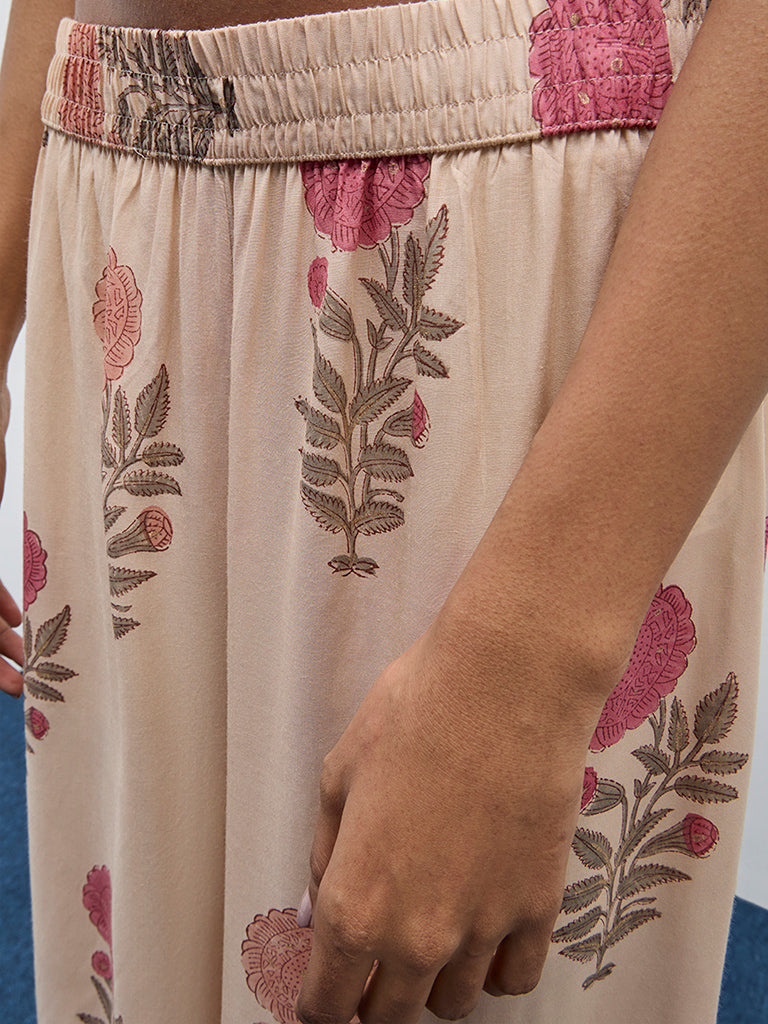 Zuba Beige Floral Printed High-Rise Palazzos