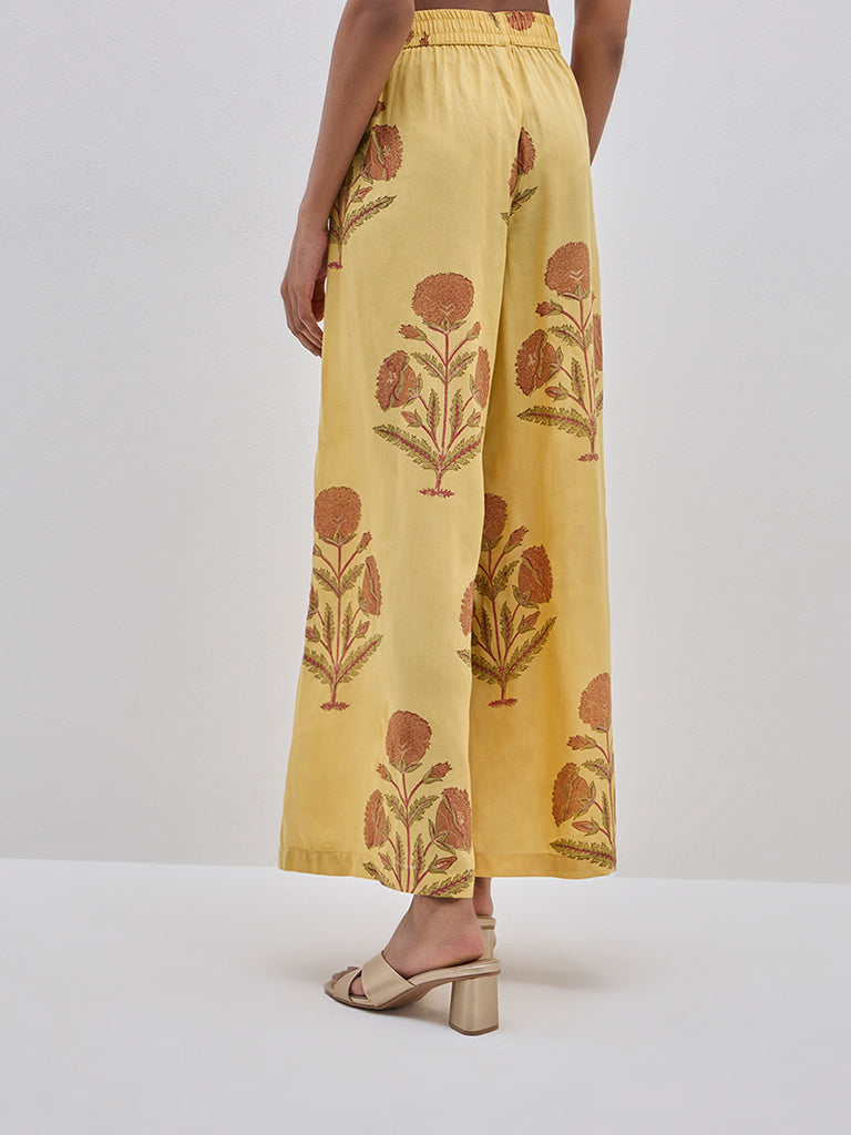 Zuba Mustard Floral Printed Cotton Palazzos