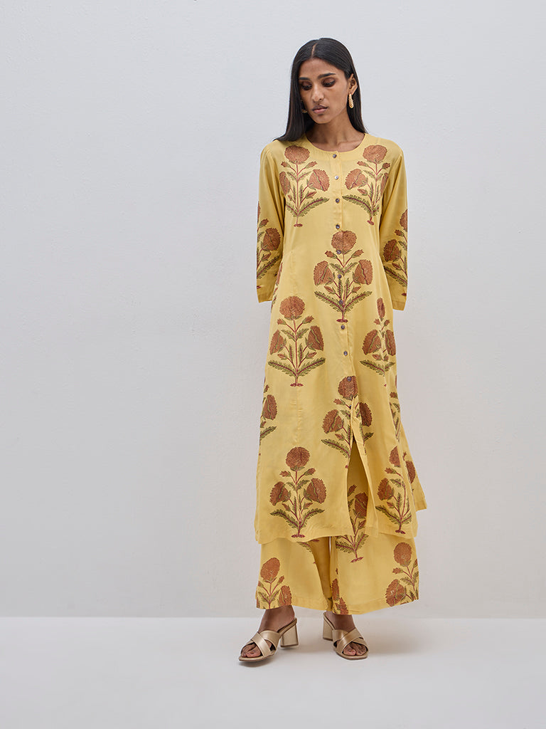 Zuba Mustard Floral Printed Cotton Palazzos