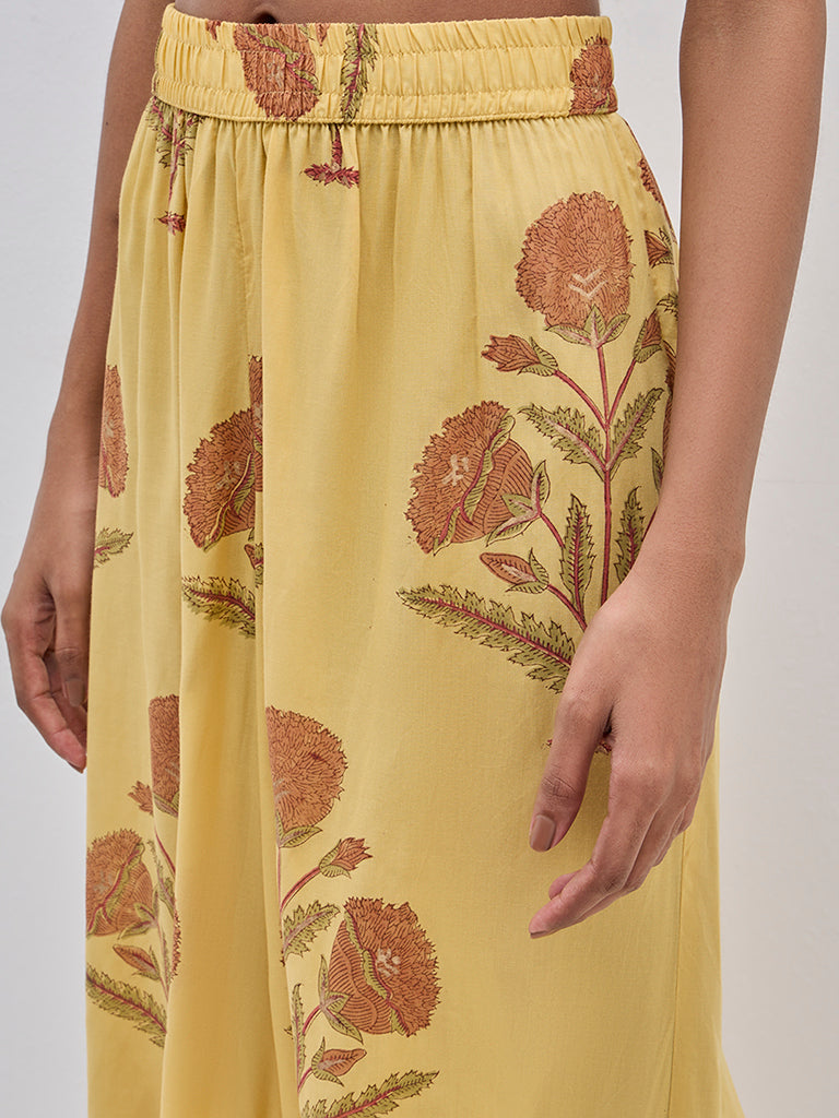 Zuba Mustard Floral Printed Cotton Palazzos