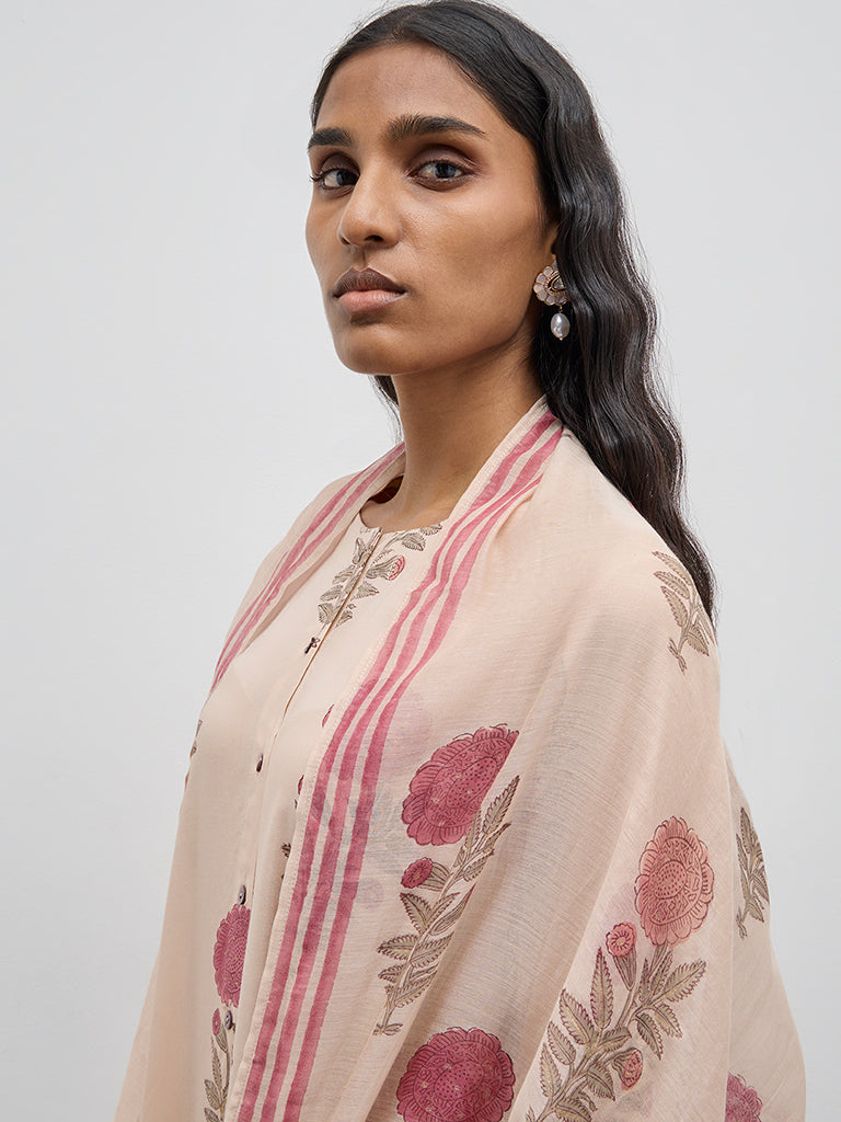Zuba Beige Floral Printed Dupatta