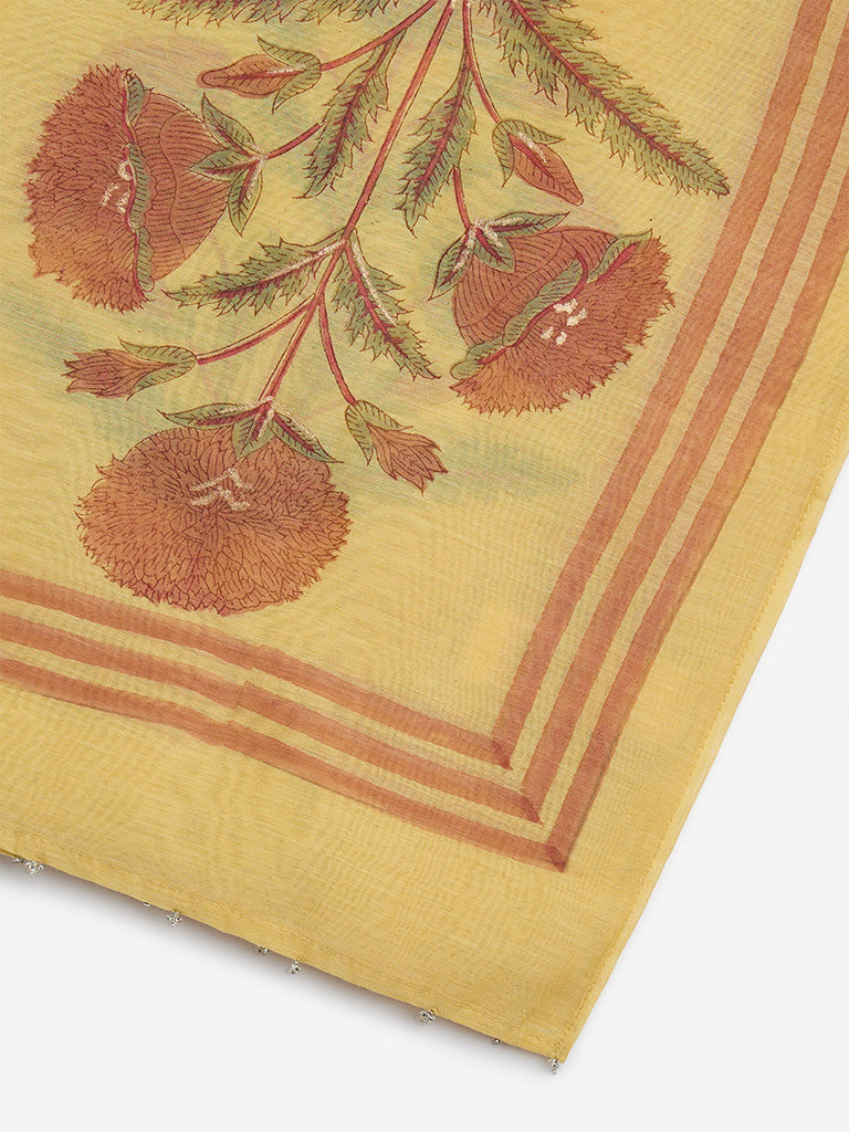 Zuba Mustard Floral Printed Cotton Dupatta
