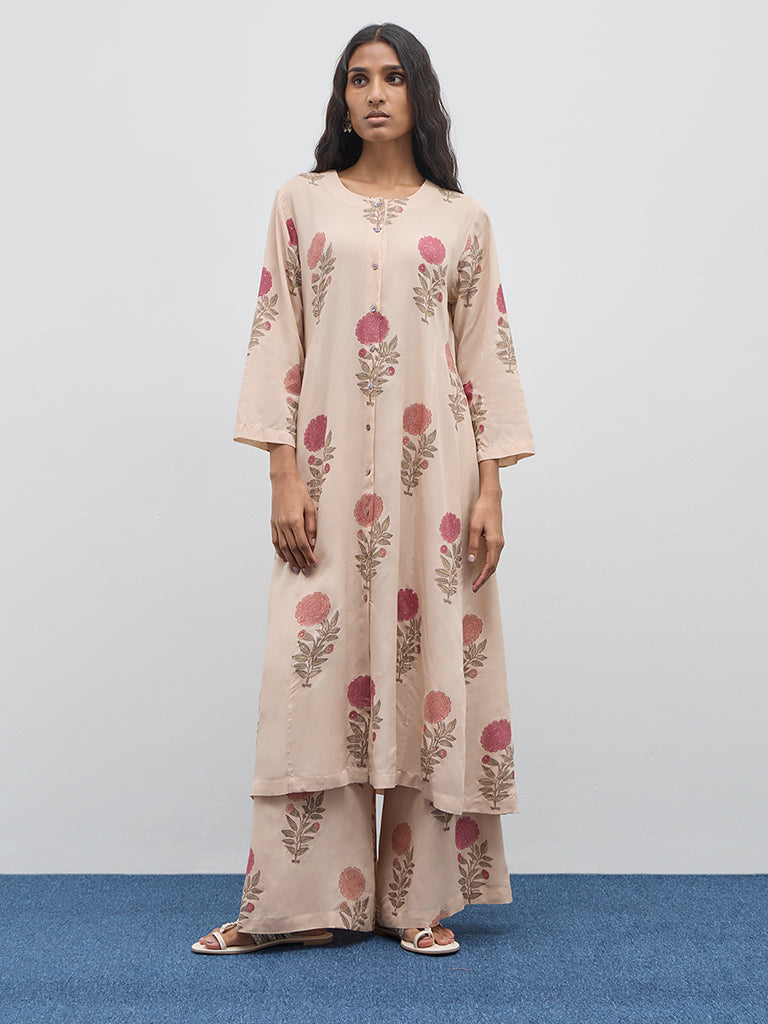 Zuba Beige Floral Printed A-Line Kurta
