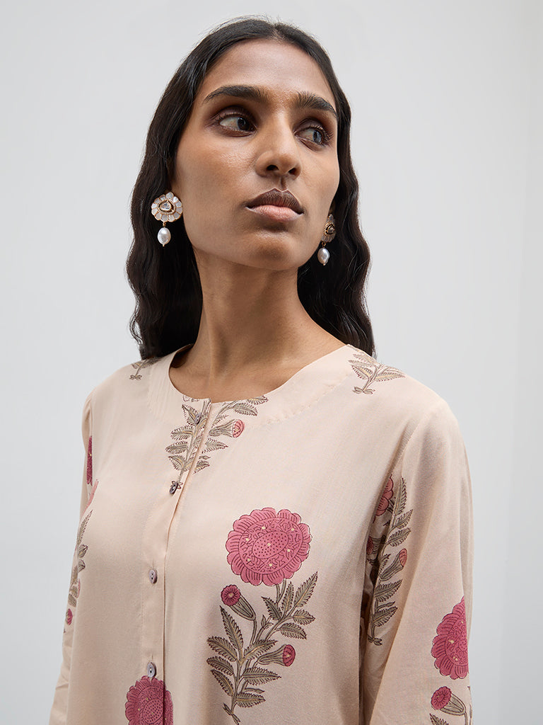 Zuba Beige Floral Printed A-Line Kurta