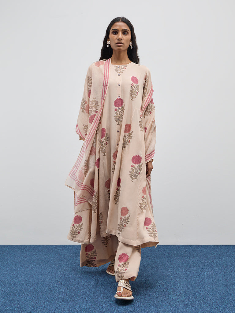 Zuba Beige Floral Printed A-Line Kurta