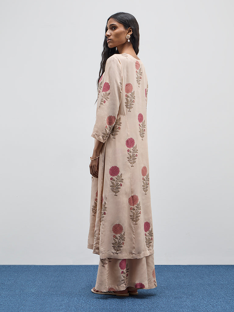 Zuba Beige Floral Printed A-Line Kurta