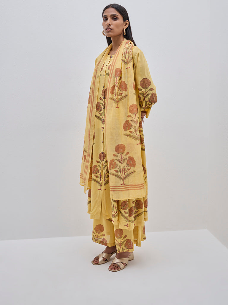 Zuba Mustard Floral Printed A-Line Cotton Kurta