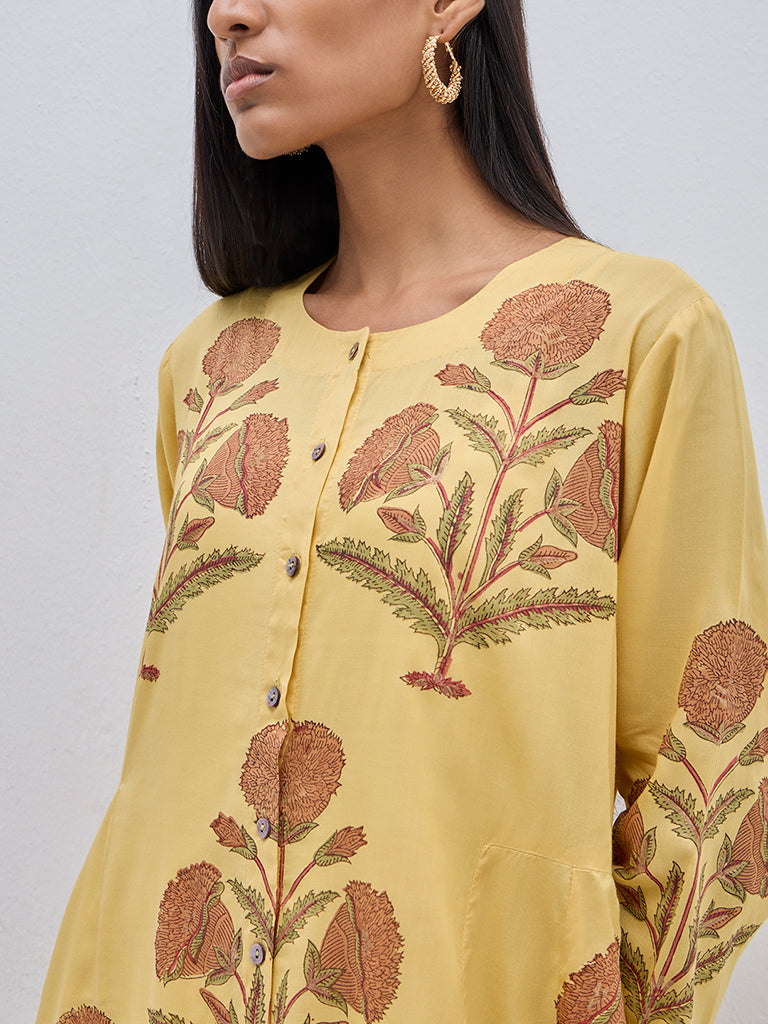 Zuba Mustard Floral Printed A-Line Cotton Kurta