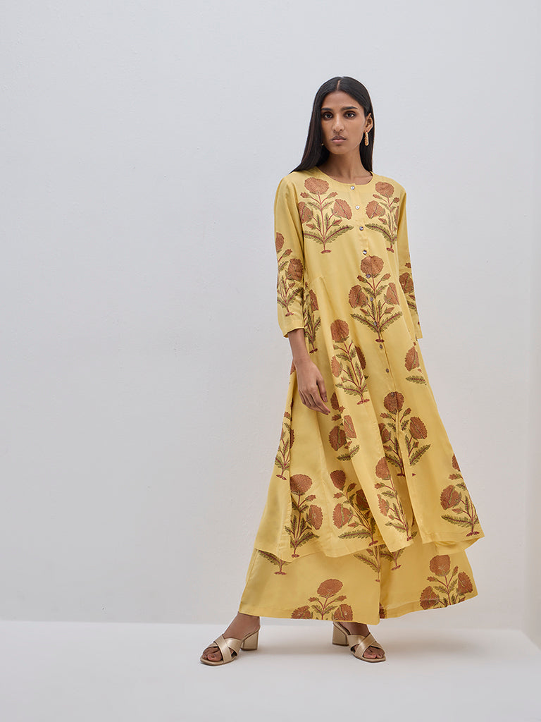 Zuba Mustard Floral Printed A-Line Cotton Kurta