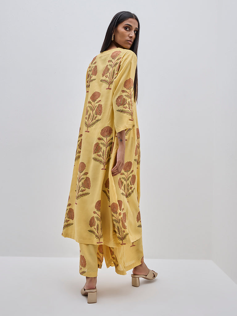 Zuba Mustard Floral Printed A-Line Cotton Kurta