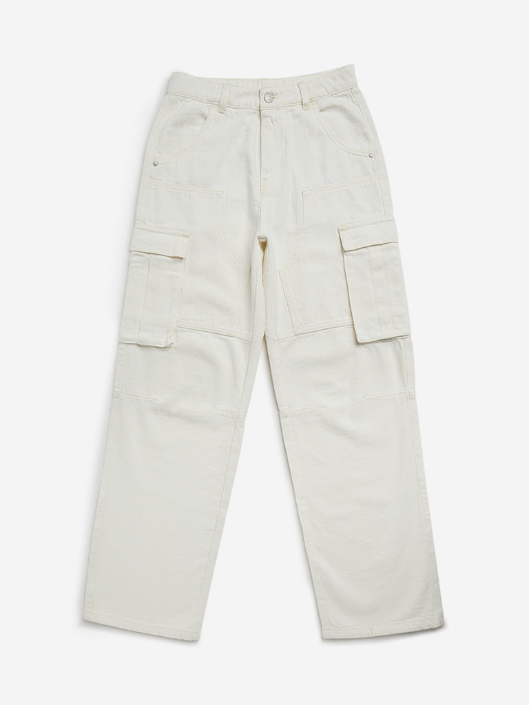 Y&F Kids Off-White Straight-Fit High-Rise Cargo Jeans