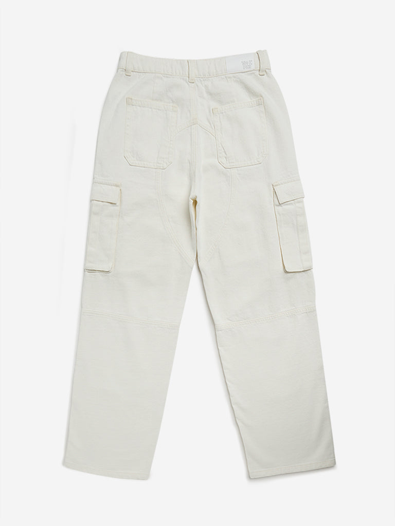 Y&F Kids Off-White Straight-Fit High-Rise Cargo Jeans