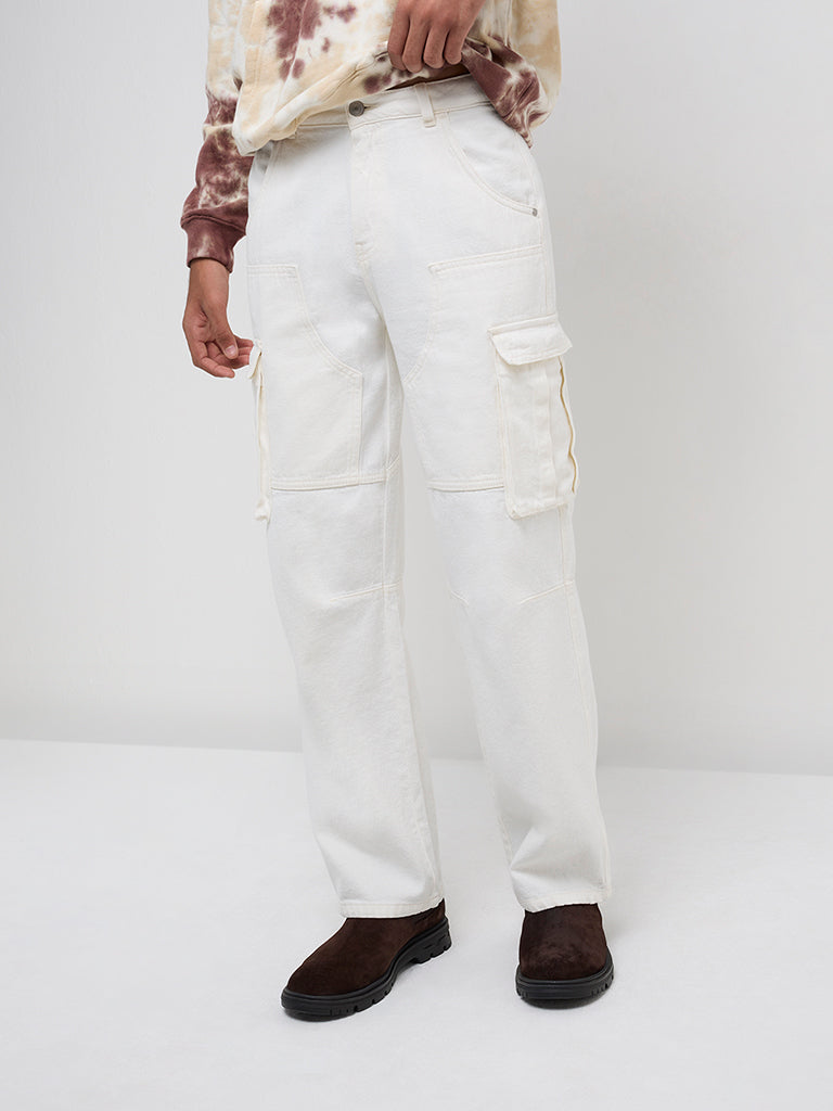 Y&F Kids Off-White Straight-Fit High-Rise Cargo Jeans