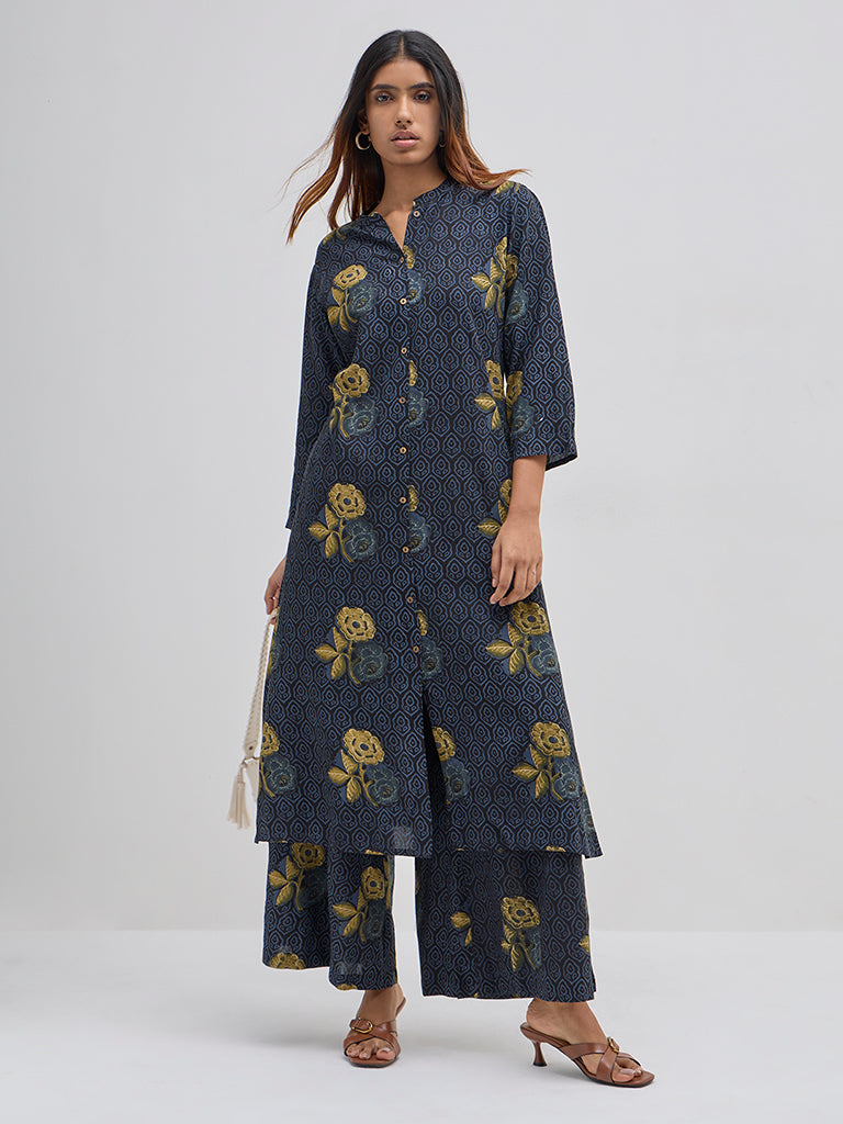 Utsa Blue Floral Printed A-Line Kurta