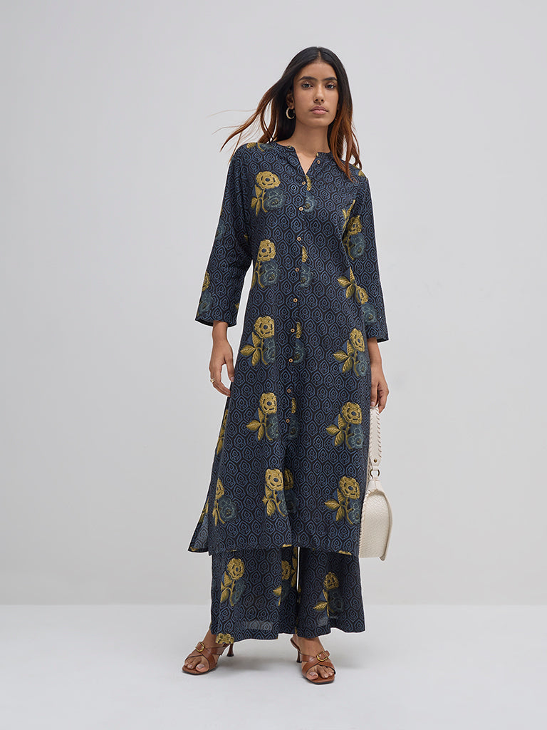 Utsa Blue Floral Printed A-Line Kurta
