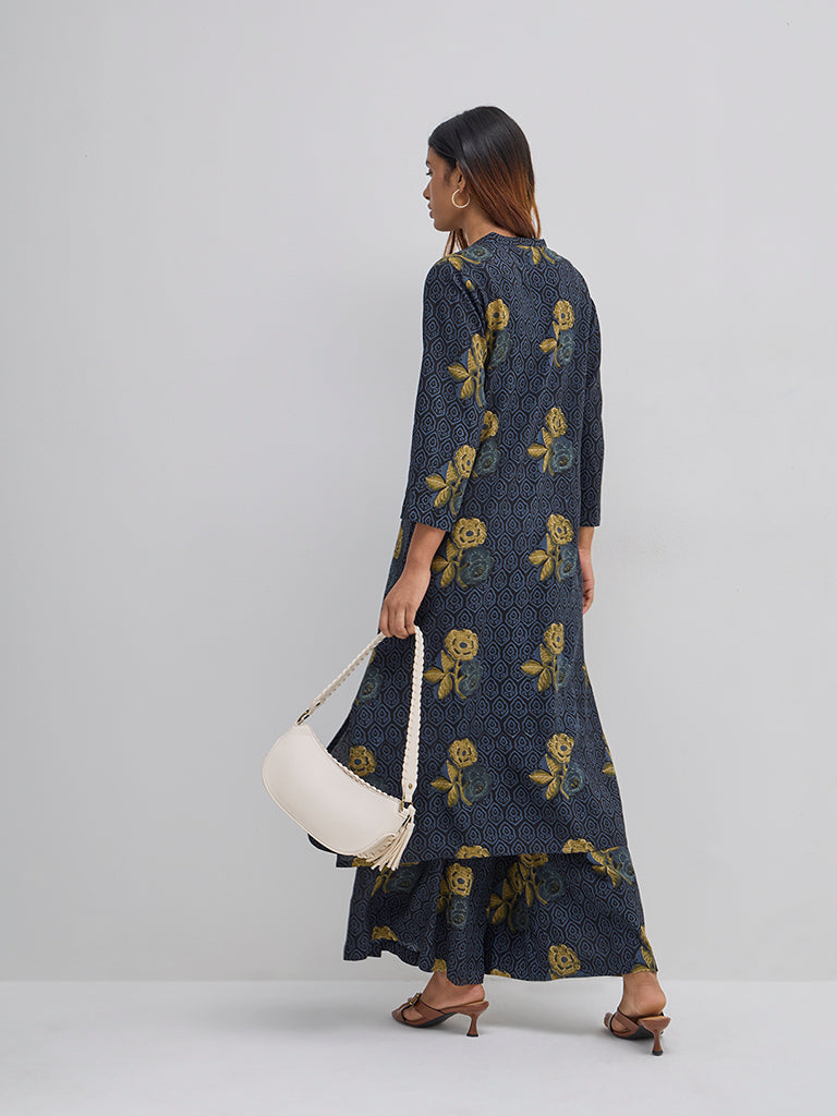 Utsa Blue Floral Printed A-Line Kurta
