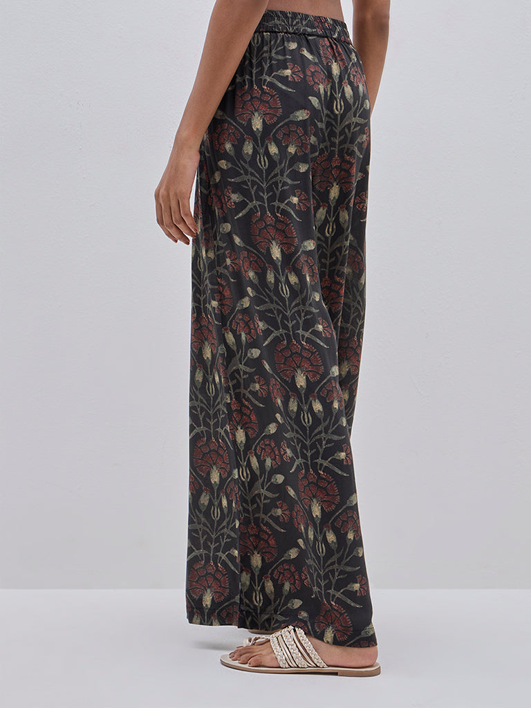 Zuba Black Botanical Printed High-Rise Cotton Palazzos