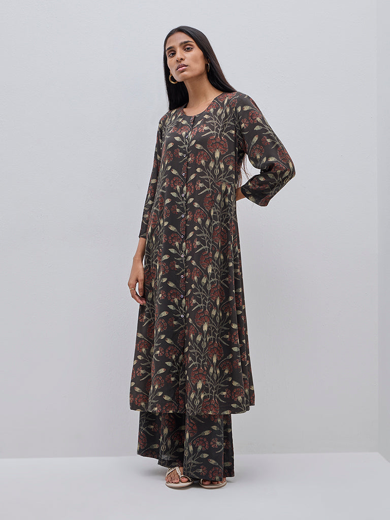 Zuba Black Botanical Printed High-Rise Cotton Palazzos