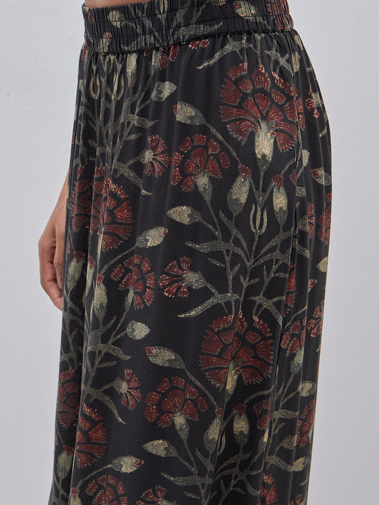 Zuba Black Botanical Printed High-Rise Cotton Palazzos
