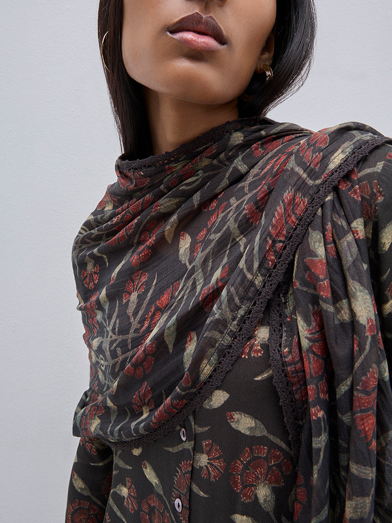 Zuba Black Botanical Printed Cotton Dupatta