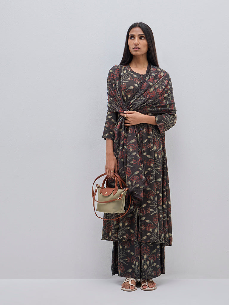 Zuba Black Botanical Printed Cotton A-Line Kurta