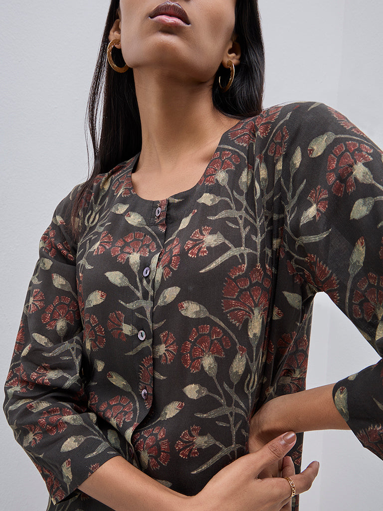 Zuba Black Botanical Printed Cotton A-Line Kurta