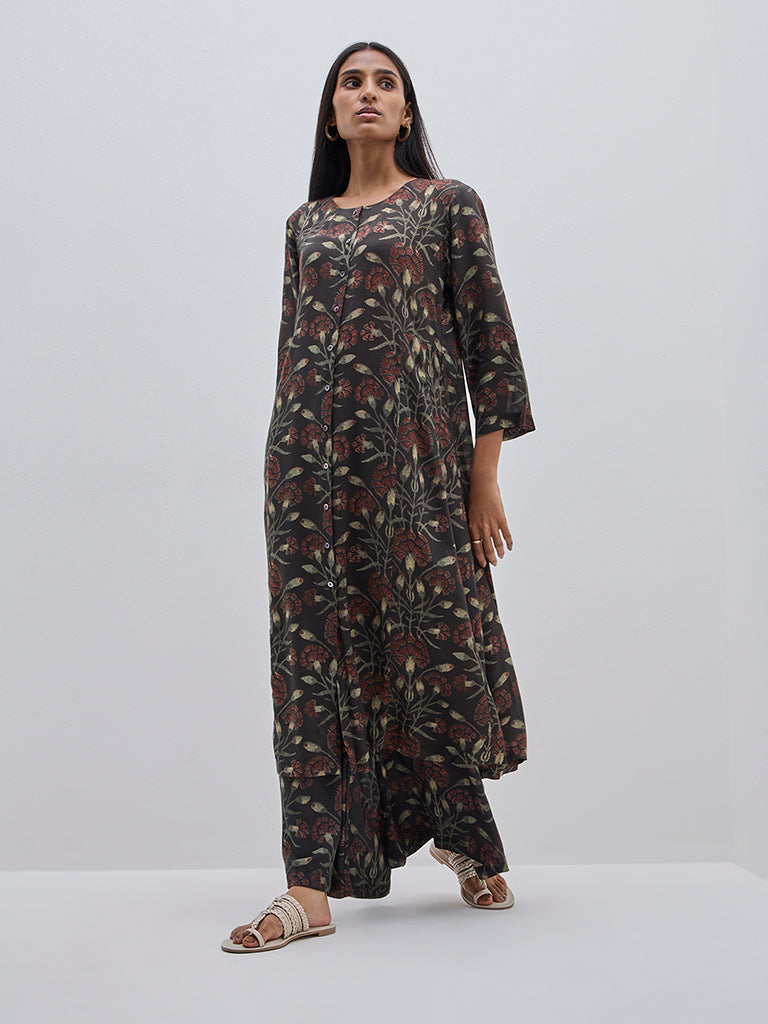 Zuba Black Botanical Printed Cotton A-Line Kurta
