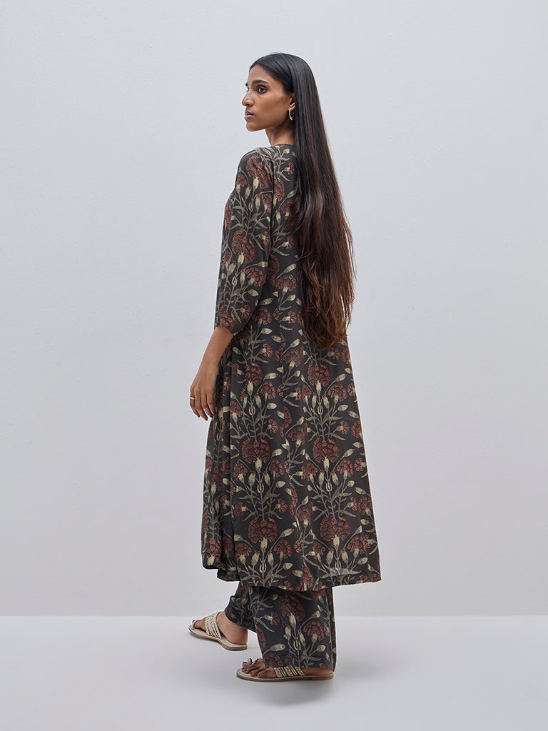 Zuba Black Botanical Printed Cotton A-Line Kurta
