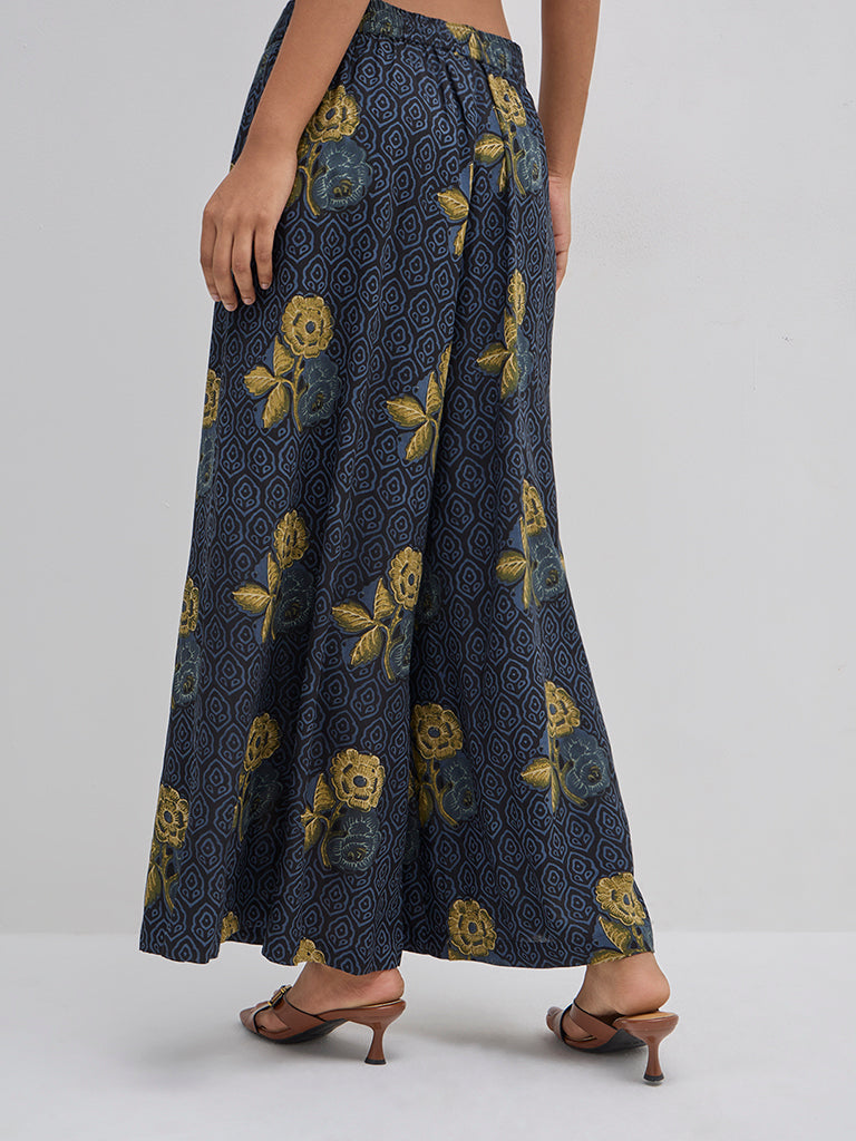 Utsa Blue Floral Printed High-Rise Palazzos